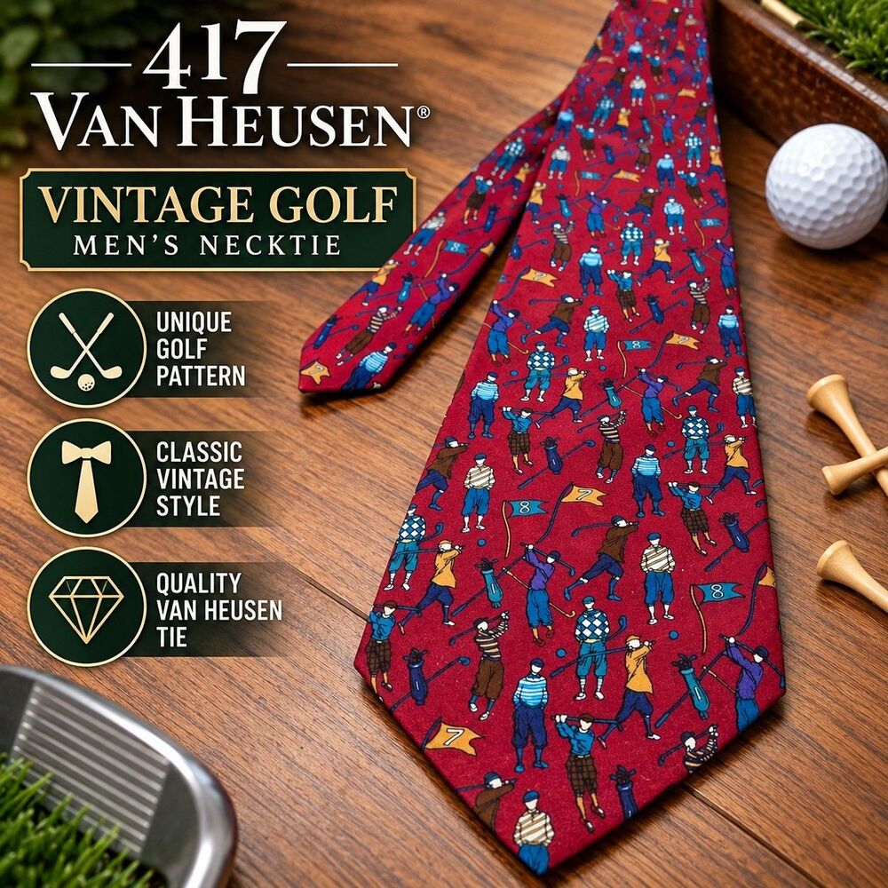 Vintage 417 Van Heusen Golf Novelty Tie Red Golfer Pattern Men's Necktie